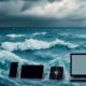 Tech devices amidst turbulent waves representing market instability.