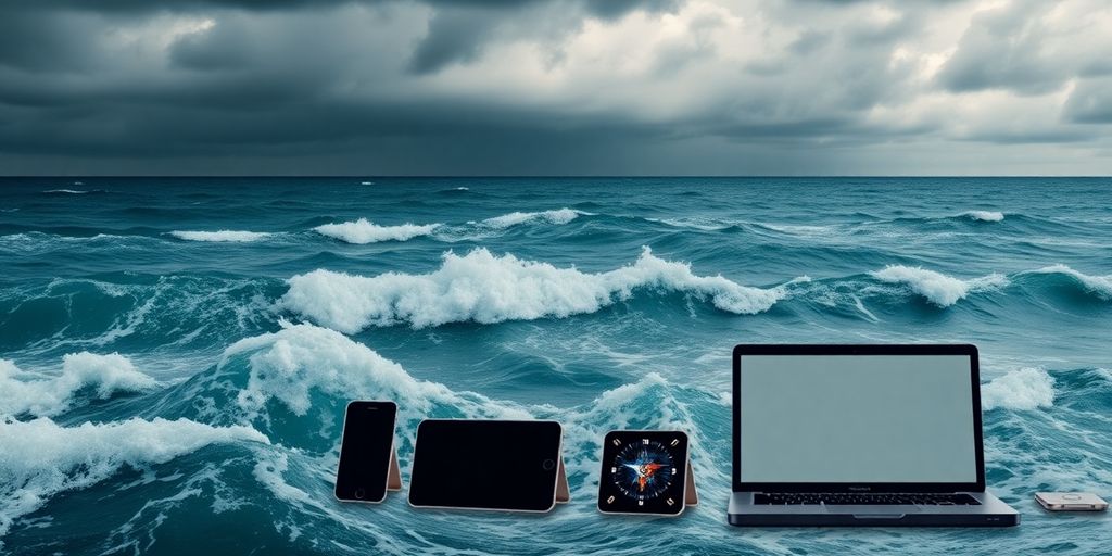 Tech devices amidst turbulent waves representing market instability.