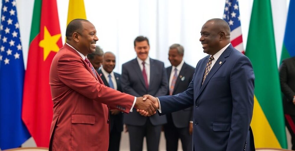 Congo and Rwanda leaders shaking hands in agreement.