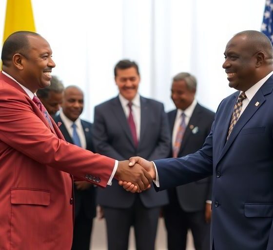 Congo and Rwanda leaders shaking hands in agreement.