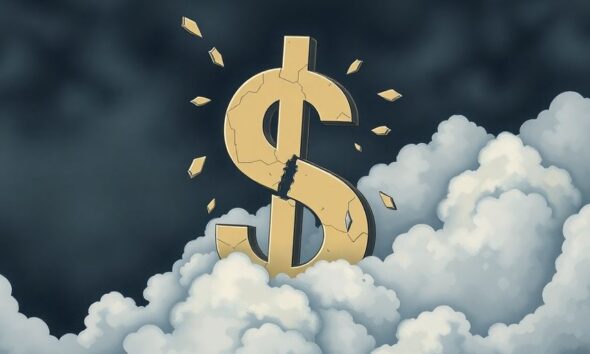 Crumbling dollar sign with stormy clouds above it.