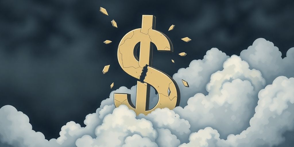 Crumbling dollar sign with stormy clouds above it.