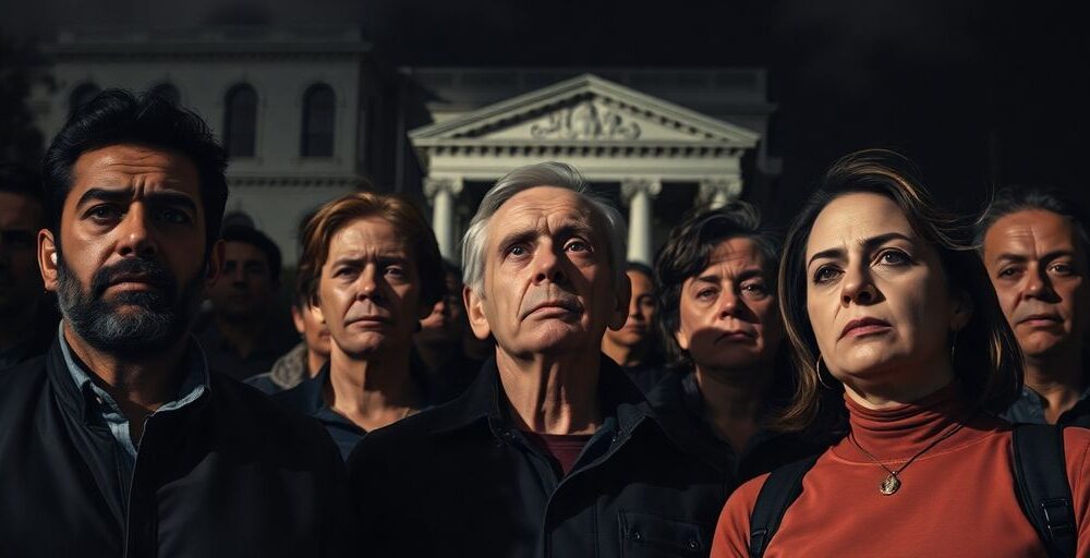 Concerned citizens near a government building, expressing worry.
