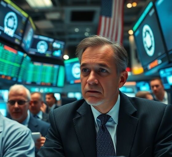Traders in distress on a bustling stock market floor.