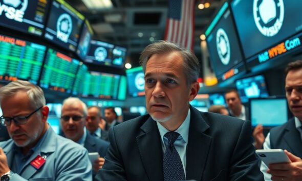 Traders in distress on a bustling stock market floor.
