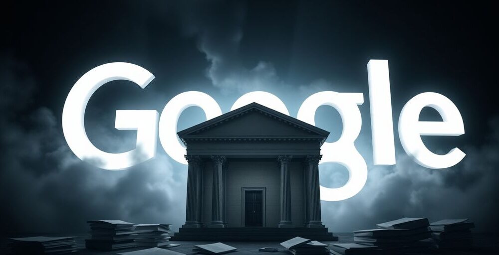 Google logo looming over a courthouse amidst legal documents.