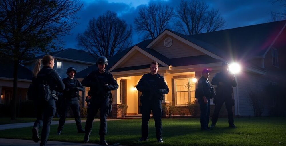 Law enforcement officers surround a house at dusk.