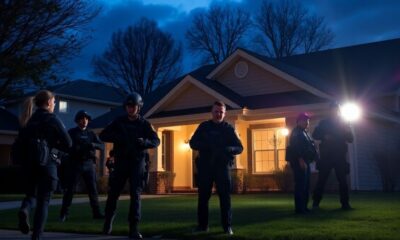 Law enforcement officers surround a house at dusk.