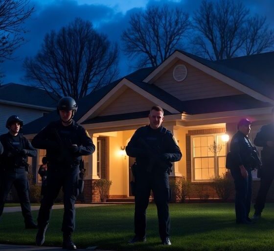 Law enforcement officers surround a house at dusk.