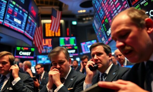 Traders reacting to market news on a busy trading floor.