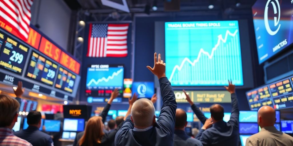 Traders celebrating on a busy stock exchange floor.