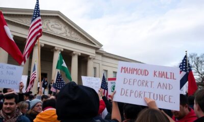 Crowd protesting outside courthouse for Khalil's deportation case.