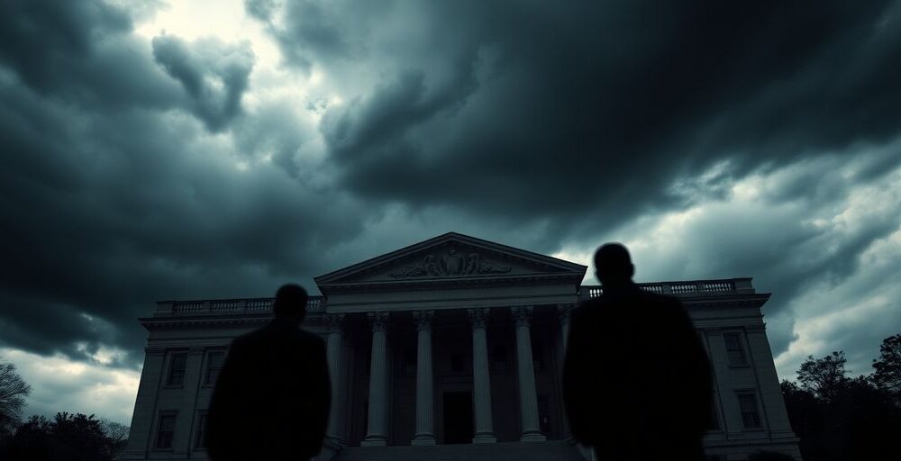 Government building under dark clouds, conveying tension and urgency.