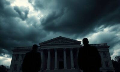 Government building under dark clouds, conveying tension and urgency.