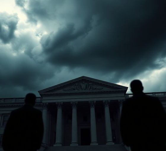 Government building under dark clouds, conveying tension and urgency.
