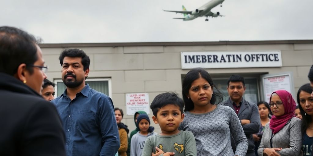 Family outside immigration office during deportation controversy.