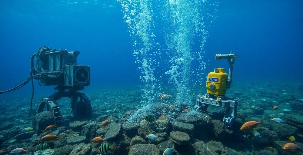 Underwater mining machinery with marine life in deep ocean.