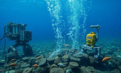 Underwater mining machinery with marine life in deep ocean.