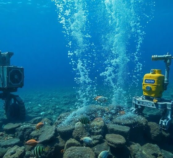 Underwater mining machinery with marine life in deep ocean.