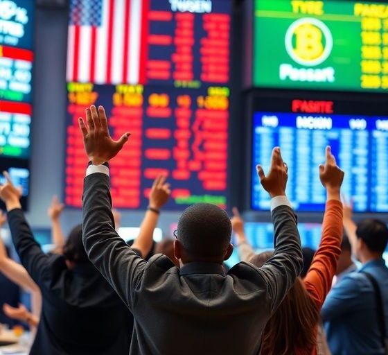 Traders celebrating on a busy stock exchange floor.