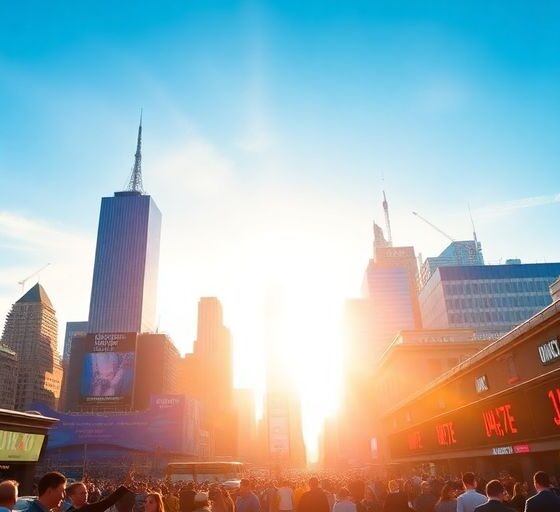 City skyline with traders celebrating market gains.