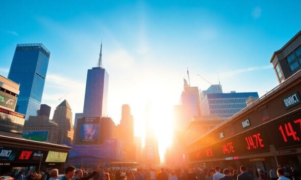 City skyline with traders celebrating market gains.