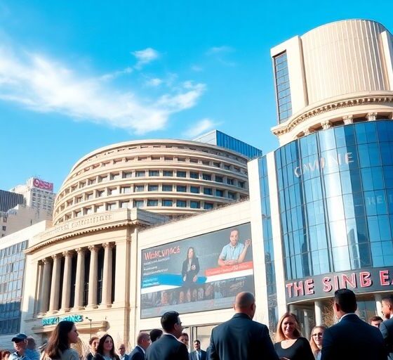 City skyline with business professionals, depicting financial optimism.
