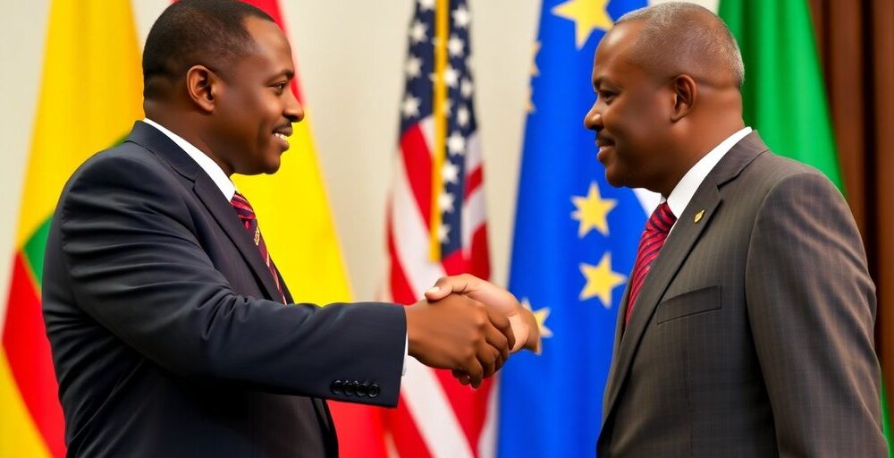 Congo and Rwanda leaders shake hands with flags in background.