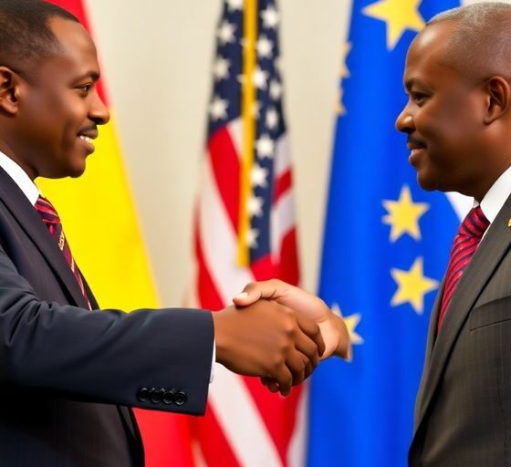 Congo and Rwanda leaders shake hands with flags in background.