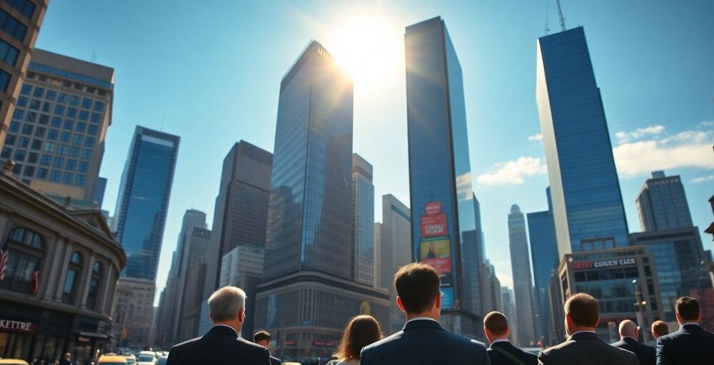 Energetic city skyline with busy streets and bright sun.