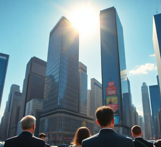 Energetic city skyline with busy streets and bright sun.