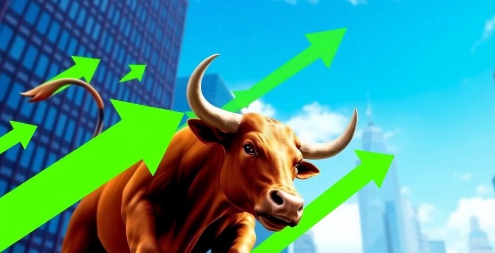 Bull charging upward with vibrant green arrows and skyline.