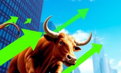 Bull charging upward with vibrant green arrows and skyline.