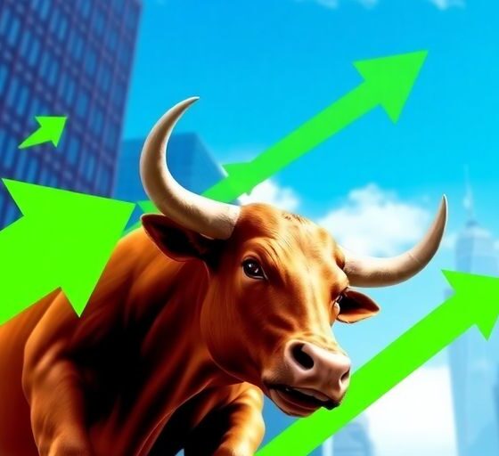 Bull charging upward with vibrant green arrows and skyline.