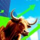 Bull charging upward with vibrant green arrows and skyline.