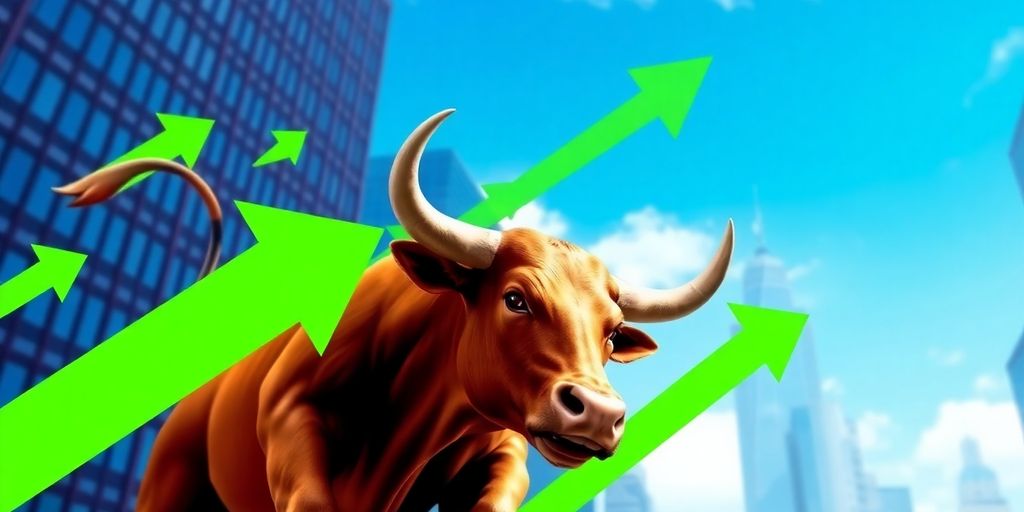 Bull charging upward with vibrant green arrows and skyline.