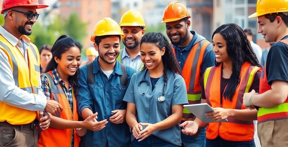 Diverse American workers collaborating in vibrant community setting.