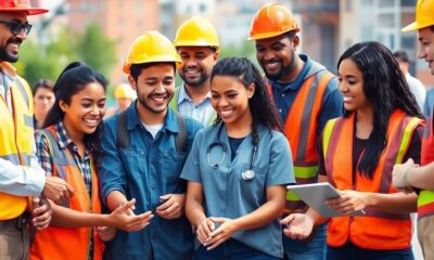 Diverse American workers collaborating in vibrant community setting.