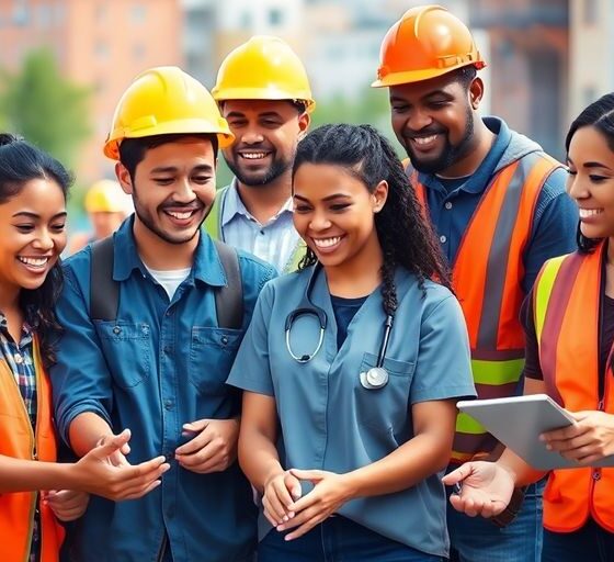 Diverse American workers collaborating in vibrant community setting.