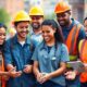 Diverse American workers collaborating in vibrant community setting.