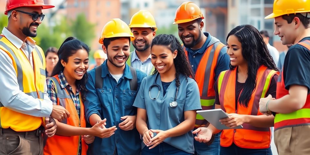 Diverse American workers collaborating in vibrant community setting.