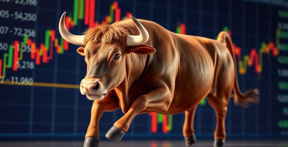 Bull charging forward on a stock market background