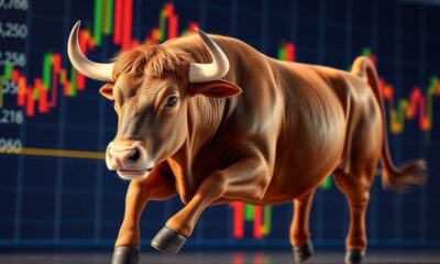 Bull charging forward on a stock market background