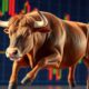 Bull charging forward on a stock market background