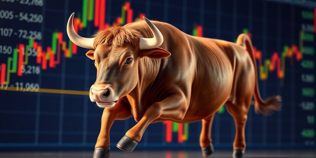 Bull charging forward on a stock market background