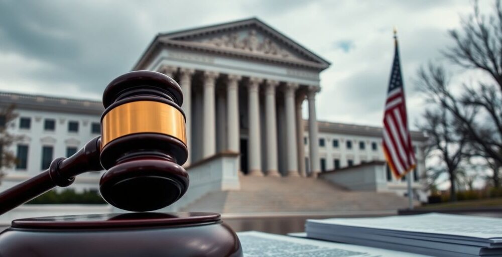 Federal courthouse with gavel, symbolizing legal challenges.