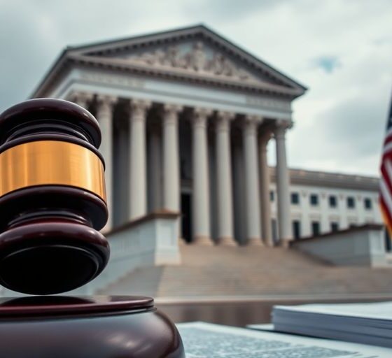 Federal courthouse with gavel, symbolizing legal challenges.