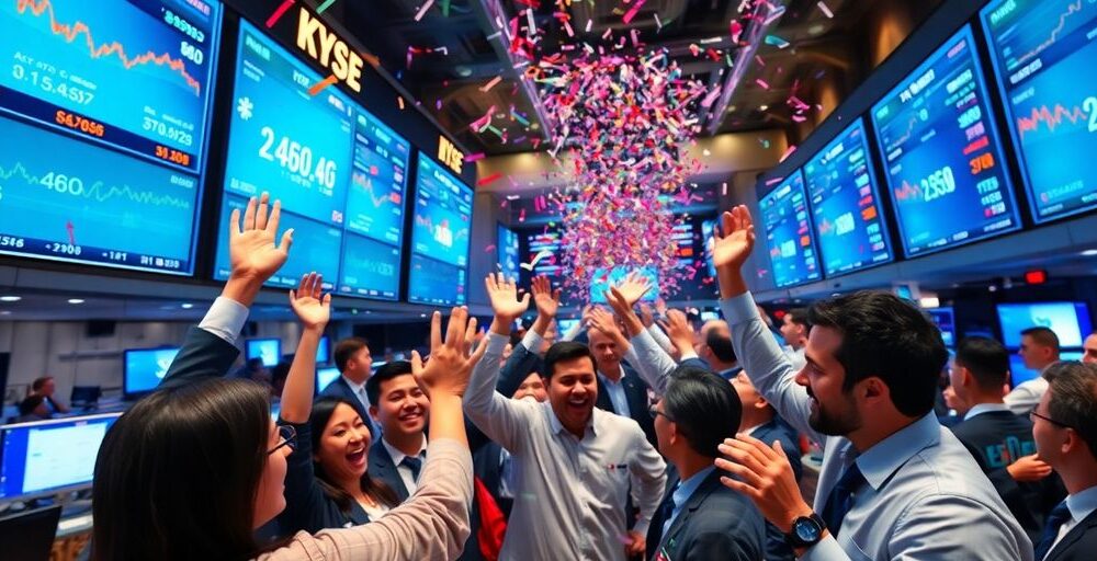 Traders celebrating on a busy stock exchange floor.