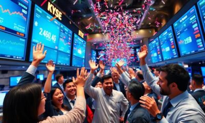 Traders celebrating on a busy stock exchange floor.