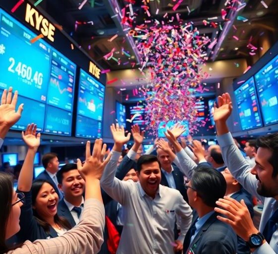 Traders celebrating on a busy stock exchange floor.
